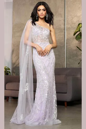 May Queen RQ8075 - Asymmetric Beaded Prom Gown with Cape