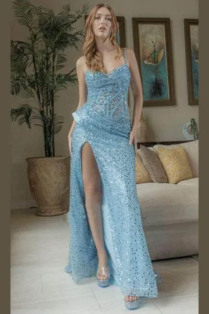 May Queen RQ8019 - Sequined Corset Bodice Prom Gown