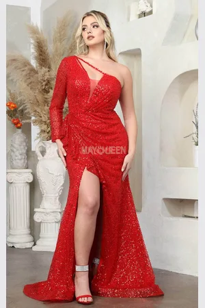 May Queen RQ8038 - One Sleeved High Slit Prom Gown