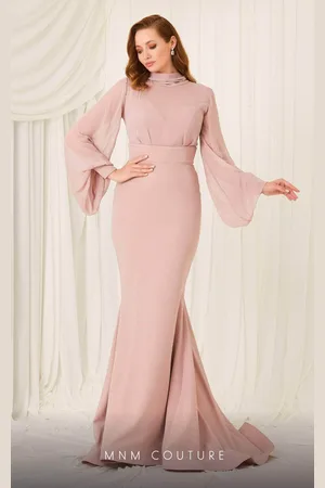MNM Couture 2637A - Bishop Sleeve High Neck Long Gown