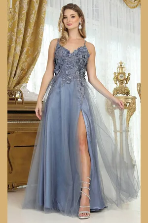 May Queen MQ2016 - V-Neck 3D Floral Appliqued Prom Gown