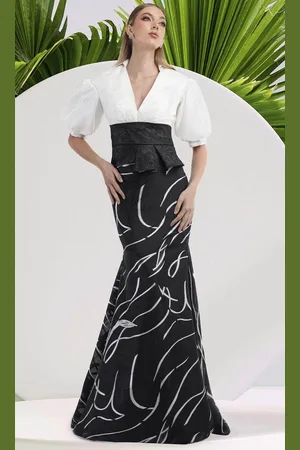 Janique 24989 - Two Tone V-Neck Collared Gown