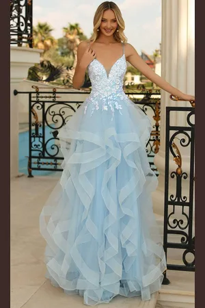 Clarisse 810593 - V-Neck Ruffled Tiered Evening Gown