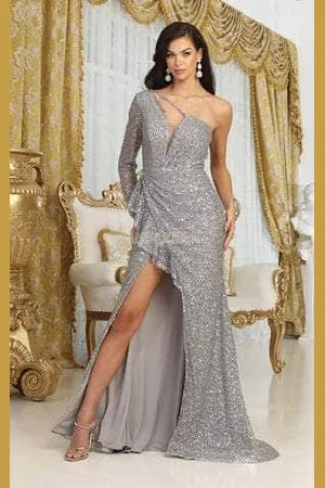 May Queen RQ8038 - One Sleeved High Slit Prom Gown
