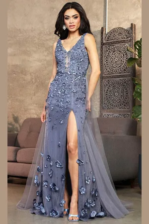 May Queen RQ8031 - V-Neck 3D Floral Appliqued Prom Gown