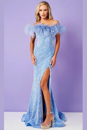 Rachel Allan 70280 - Feathered Off Shoulder Prom Gown