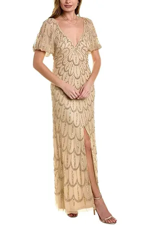 Aidan Mattox MD1E207203 - V Neck Gold Feather Print Dress