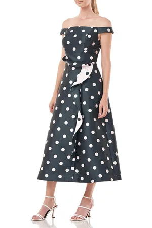 Kay Unger 5517419 - Off-Shoulder Polka Dot Printed Tea-Length Dress