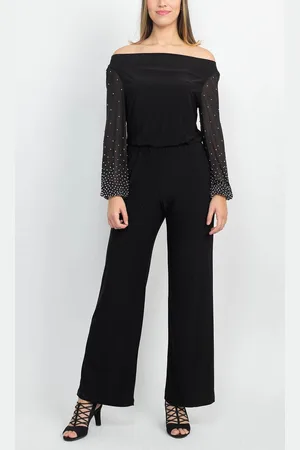 Marina 267261 - Off Shoulder Embellished Long Sleeve Jumpsuit