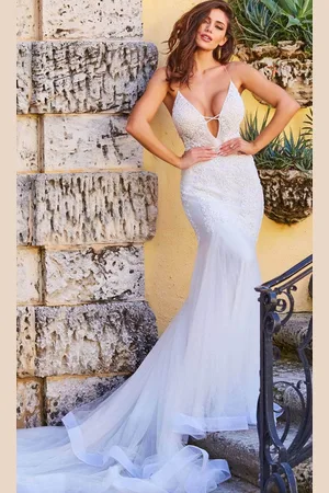 Jovani Bridal JB07654 - Plunging V-Neck Embellished Bridal Gown