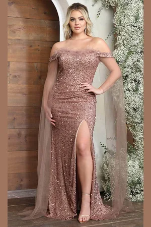 May Queen RQ8012 - Cape Sleeve Sequin Evening Gown