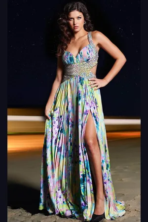 JOVANI 38733 - Floral Pleated Long Dress