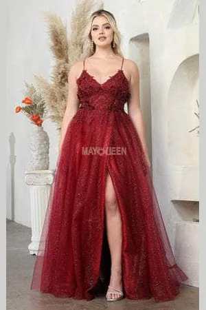 May Queen MQ2011 - Glitter A-Line Prom Dress with Slit