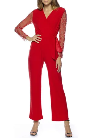 Marina 268040 - Embellished Long Sleeve V-Neck Jumpsuit