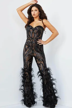 JOVANI 05669 Strapless Sweetheart Feathered Jumpsuit