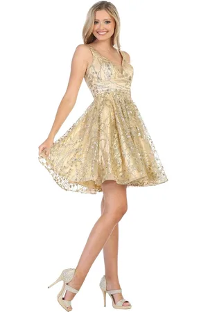 May Queen MQ1702 Short Deep V-Neck Glitter A-Line Dress