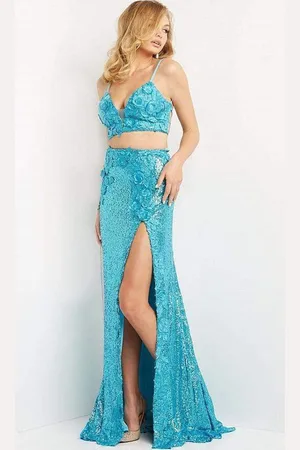 JOVANI 08471 Floral Applique Two-Piece High Slit Sequin Prom Dress