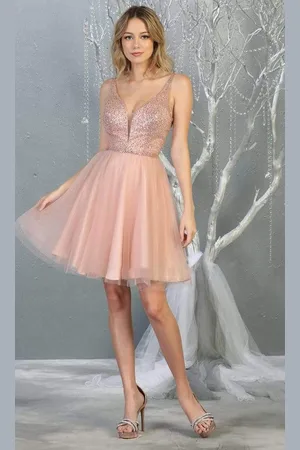May Queen MQ1797 Embellished Deep V-neck A-line Dress
