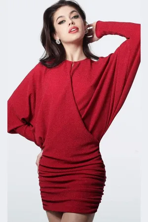 JOVANI 1869 Batwing Sleeve Ruched Shimmer Jersey Cocktail Dress