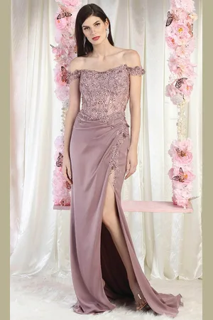 May Queen MQ1962 - Off Shoulder Slit Evening Dress