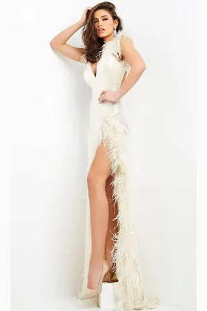 JOVANI 06164 Feather Trimmed High Slit Long Dress