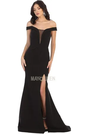 May Queen MQ1748 Foldover Plunge Off Shoulder High Slit Dress