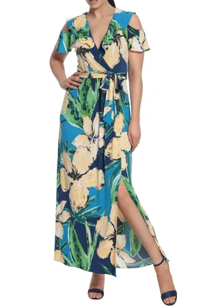 London Times T6230M - Cold Shoulder Floral Maxi Dress