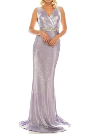 Odrella 4763 V Neck Cutout Waist Metallic Rib Sheath Evening Gown
