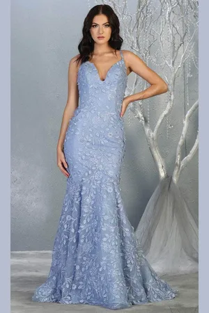 May Queen RQ7811 Embroidered Deep V-neck Trumpet Dress