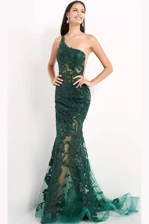 JOVANI 02895 One Shoulder Illusion Simple Prom Mermaid Gown