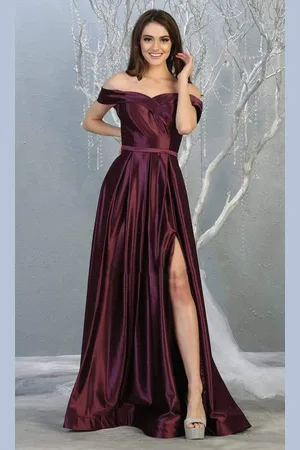 May Queen MQ1781 Surplice Off Shoulder High Slit Metallic Dress