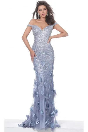 JOVANI 03191 Floral Appliques Off Shoulder Fitted Evening Dress