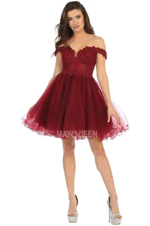 May Queen MQ1663 Off Shoulder Sheer Lace Bodice Tulle Cocktail Dress