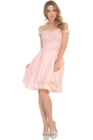 May Queen MQ1766 Off Shoulder Beaded Lace Satin Cocktail Dress