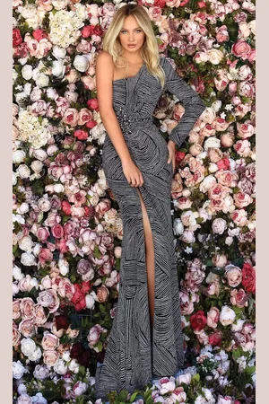 Clarisse 800277 Long Sleeve Draped Asymmetrical Print Gown