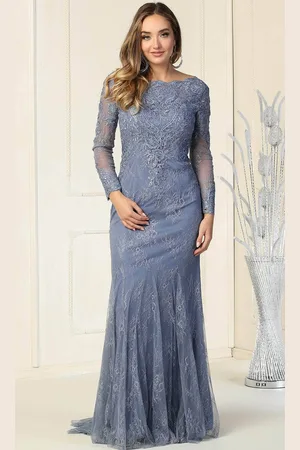 May Queen RQ7906 - Laced Scalloped Bateau Neckline Evening Dress