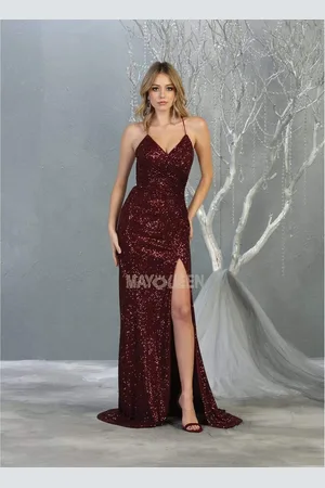 May Queen RQ7852 Sequin Embellished Deep V-Neck Dress with Slit