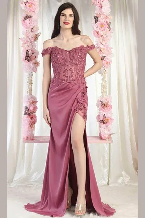 May Queen MQ1962 - Off Shoulder Slit Evening Dress