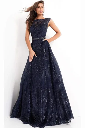JOVANI 02514 Cap Sleeve Sequin Embroidered A-Line Gown