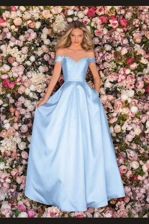 Clarisse 8057 Off Shoulder Jeweled Crystal Neck Silk Gown