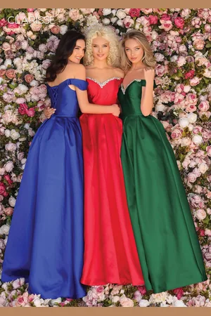 Clarisse 8057 Off Shoulder Jeweled Crystal Neck Silk Gown
