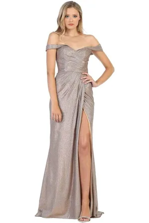 May Queen MQ1724 Ruched Off-Shoulder Dress with Slit