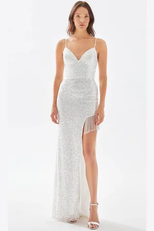 TARIK EDIZ 52046 - V-Neck Fringed Slit Prom Gown