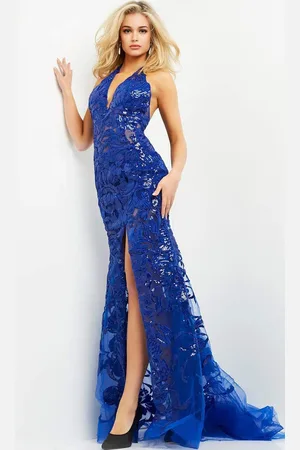 JOVANI 8110 Halter V-Neck Sequin Illusion Evening Gown