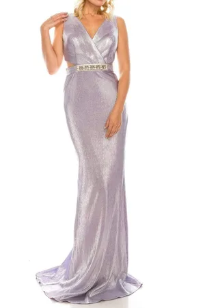 Odrella 4763 V Neck Cutout Waist Metallic Rib Sheath Evening Gown