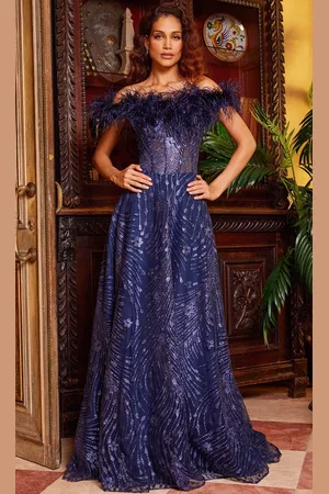JOVANI 23884 - Feather Off-Shoulder Prom Dress