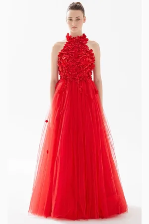 TARIK EDIZ 98243 - Floral Appliqued Halter Evening Gown