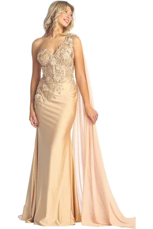 May Queen RQ7943 - Asymmetric Cape Sleeve Evening Dress