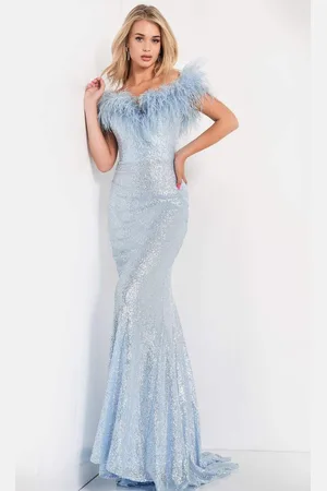 JOVANI 06166 Feather Off-Shoulder Neckline Full Sequin Gown