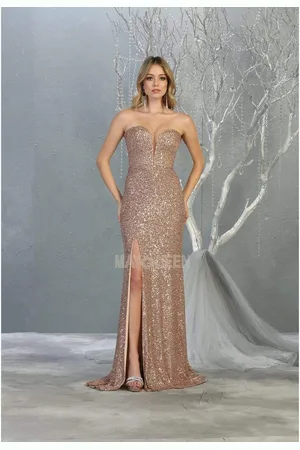May Queen MQ1747 Strappy Plunging Sweetheart Dress with Slit